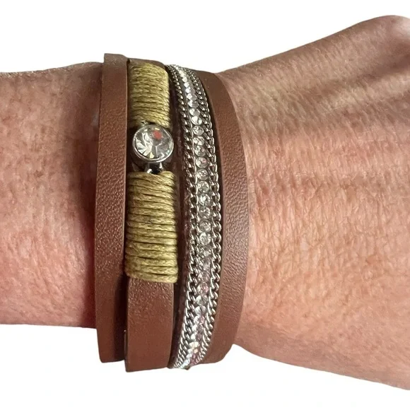 Brown Leather Wrap Bracelet with Crystal Accent - Picture 6 of 6